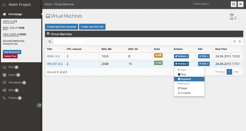 Manage virtual machines states and open its desktop using the HTML5 client according with user permissions.