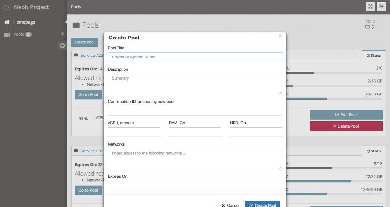 Users can be allowed to create resource pools or can submit requests to Service Desk to get an approval.